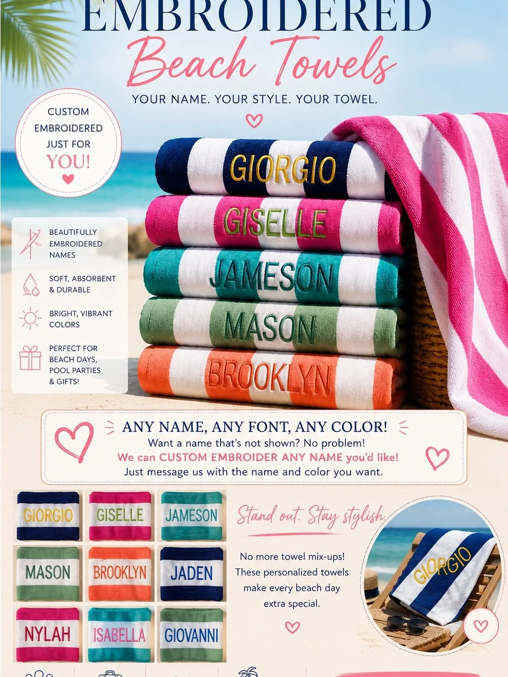 Embroidered Beach Towel - Custom Name, Navy Pink Teal Green Orange Stripes